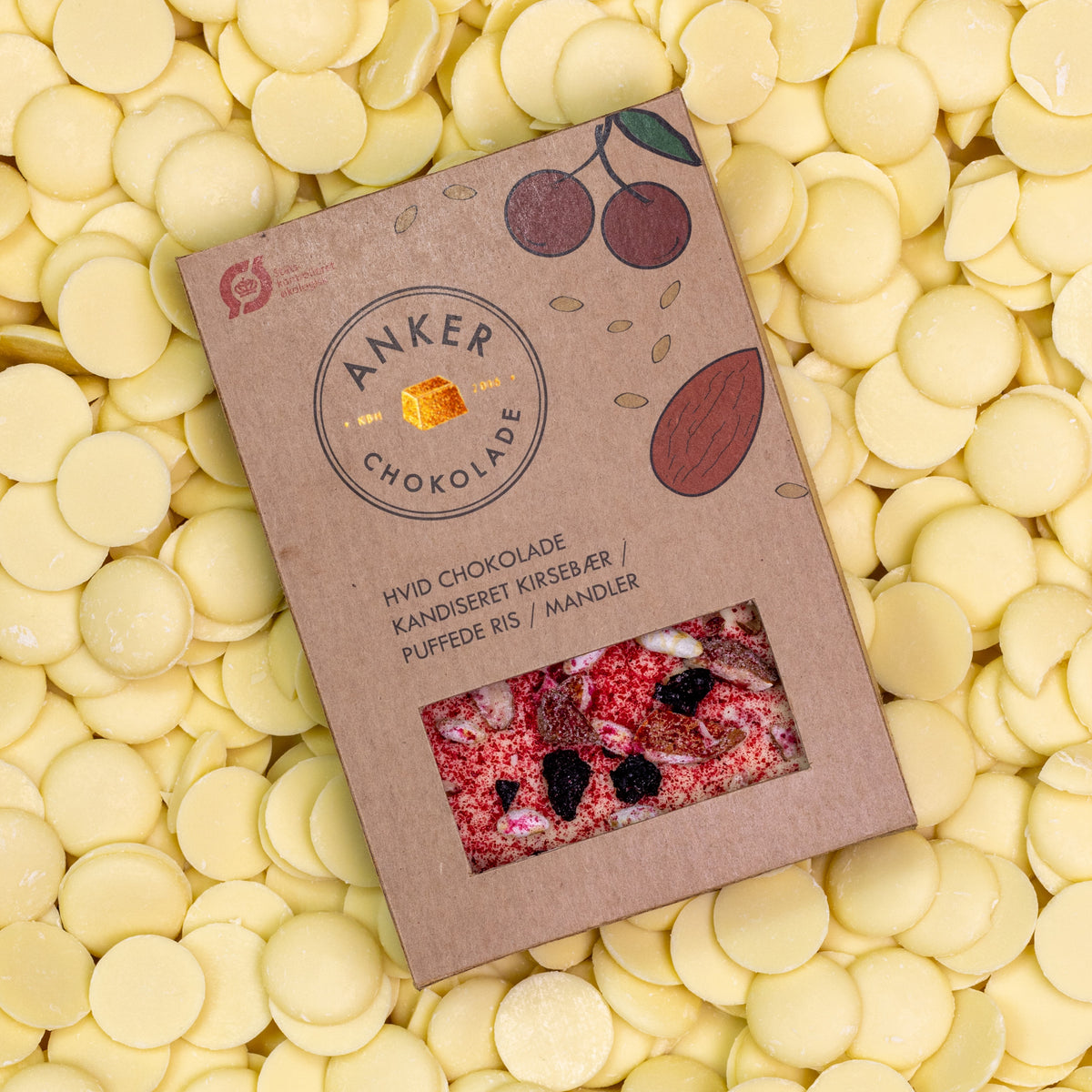 100gr Plade - Hvid chokolade / kirsebær / puffede ris / mandler - DK-ØKO-100