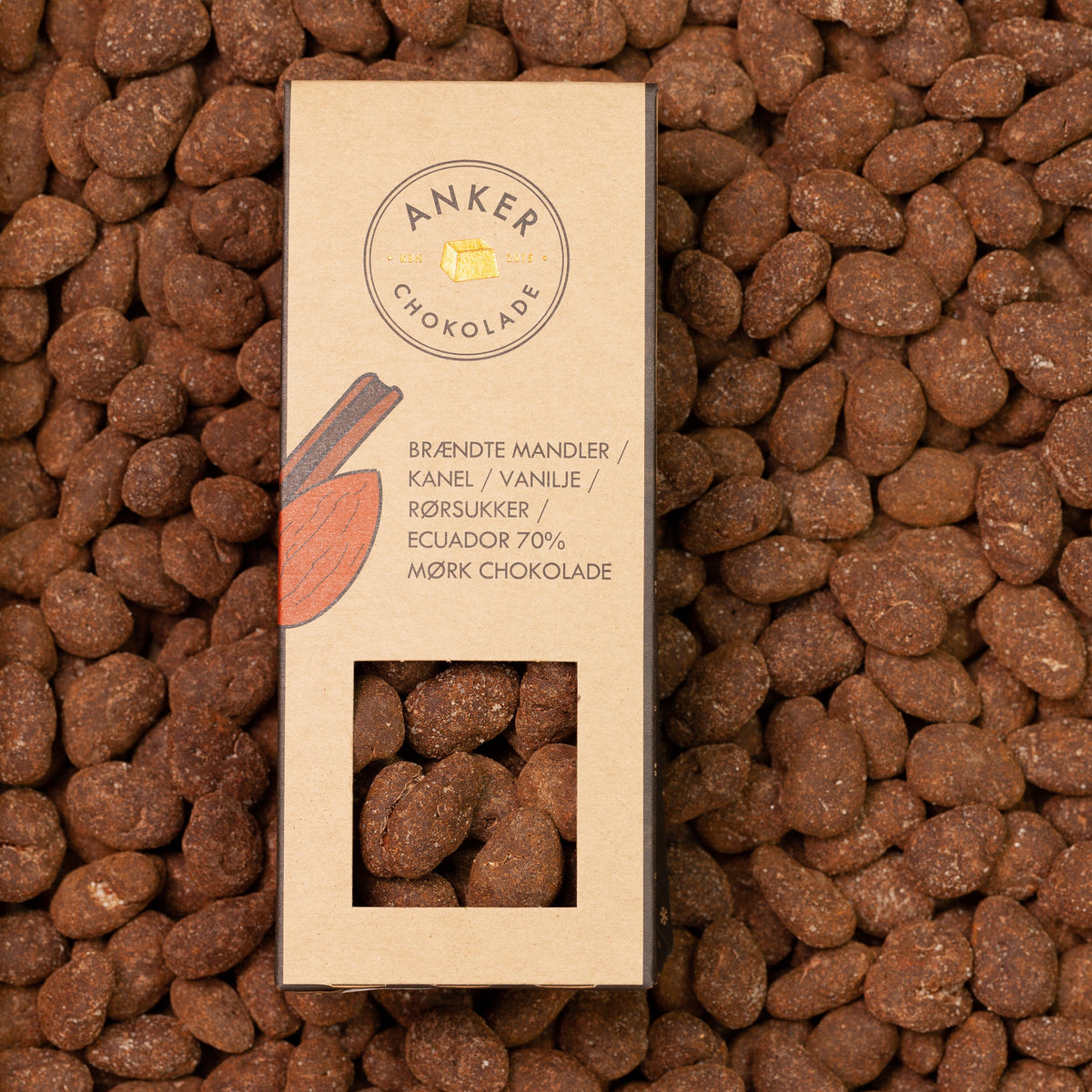 Brændte mandler / kanel / vanilje / rørsukker / Ecuador 70% mørk chokolade - DK-ØKO-100